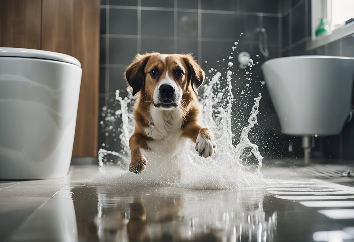 A dog shaking off water in a chaotic bathroom, knocking over shampoo bottles and towels. A frustrated owner tries to calm the dog down