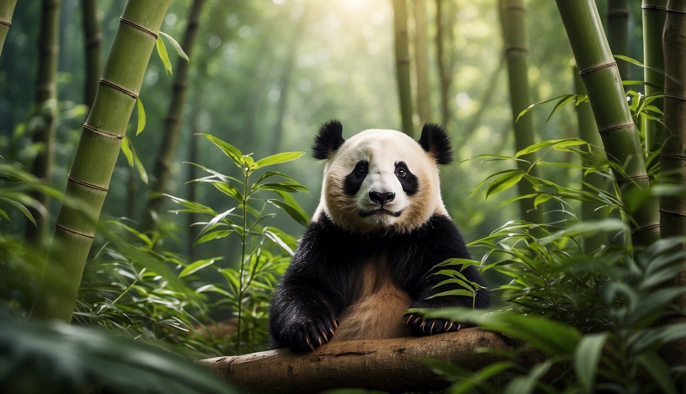 A lush bamboo forest with pandas at the center, surrounded by diverse flora and fauna.

The pandas are peacefully coexisting with other species, showcasing their role as a keystone species in the ecosystem