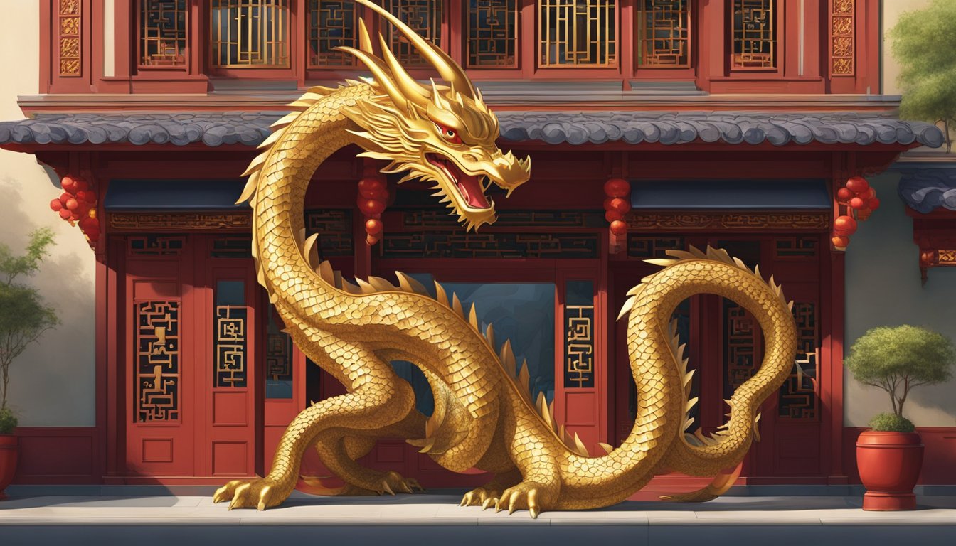 A fierce dragon statue guards the entrance of Dragon i restaurant, its scales shimmering in the sunlight. The building's architecture reflects traditional Chinese design, with intricate red and gold accents