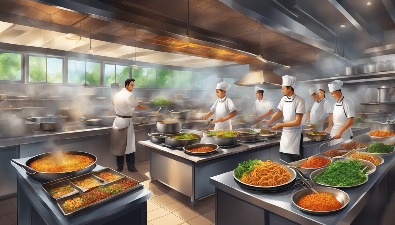 The bustling kitchen of Culinary Delights Dragon Restaurant, with sizzling woks and aromatic spices filling the air