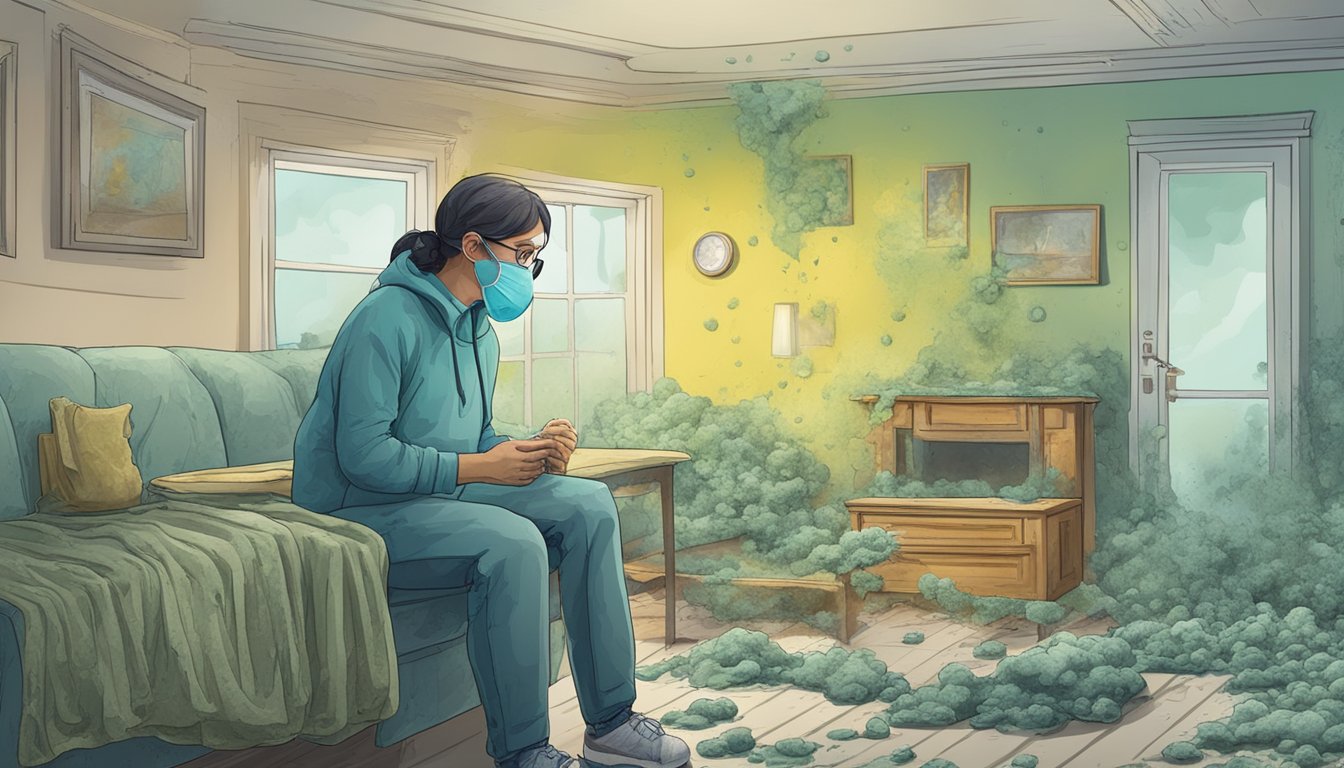 A moldy, damp environment with visible mold growth on walls or ceilings. A person wearing a mask and coughing, surrounded by moldy furniture and household items