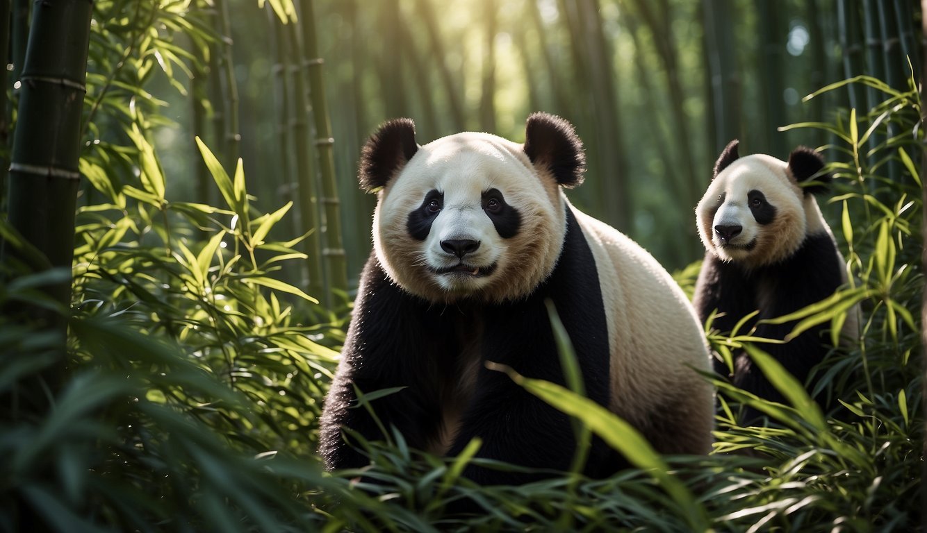 Pandas roam through a lush bamboo forest, while conservationists set up barriers to protect them.

The sun shines through the canopy, casting dappled light on the endangered creatures