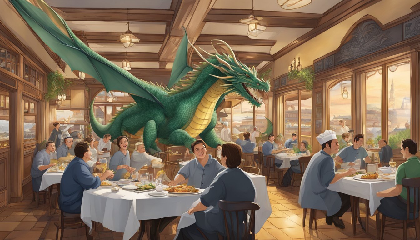 A dragon soaring over a bustling restaurant, with chefs working seamlessly in the kitchen and waitstaff serving guests with precision and grace