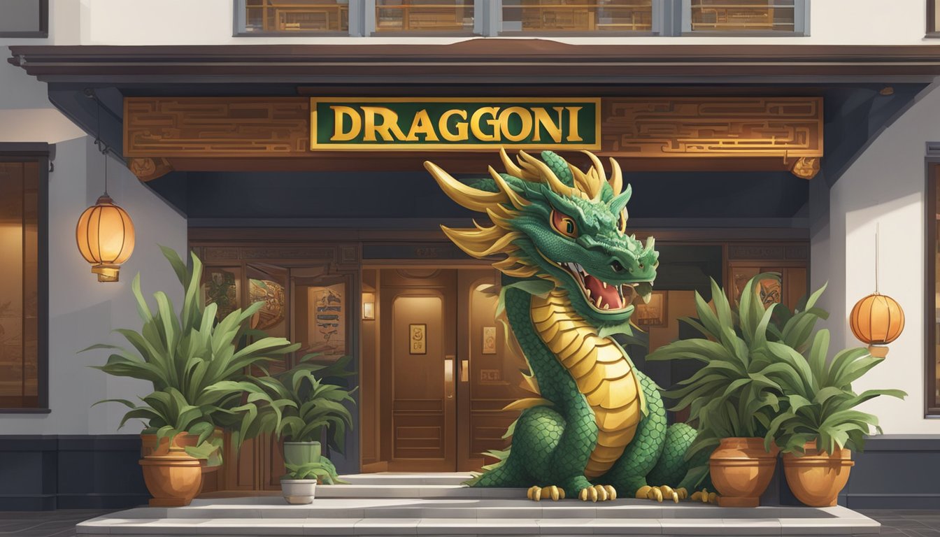 A dragon statue stands guard at the entrance of the bustling restaurant, with a sign displaying "Frequently Asked Questions dragon i restaurant sdn bhd" in bold letters