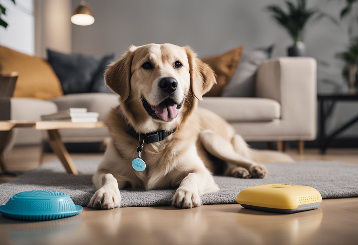A happy dog lounges in a fresh-smelling room, surrounded by various pet odor eliminator products from 2024. The air is clean and inviting, with no trace of pet odors