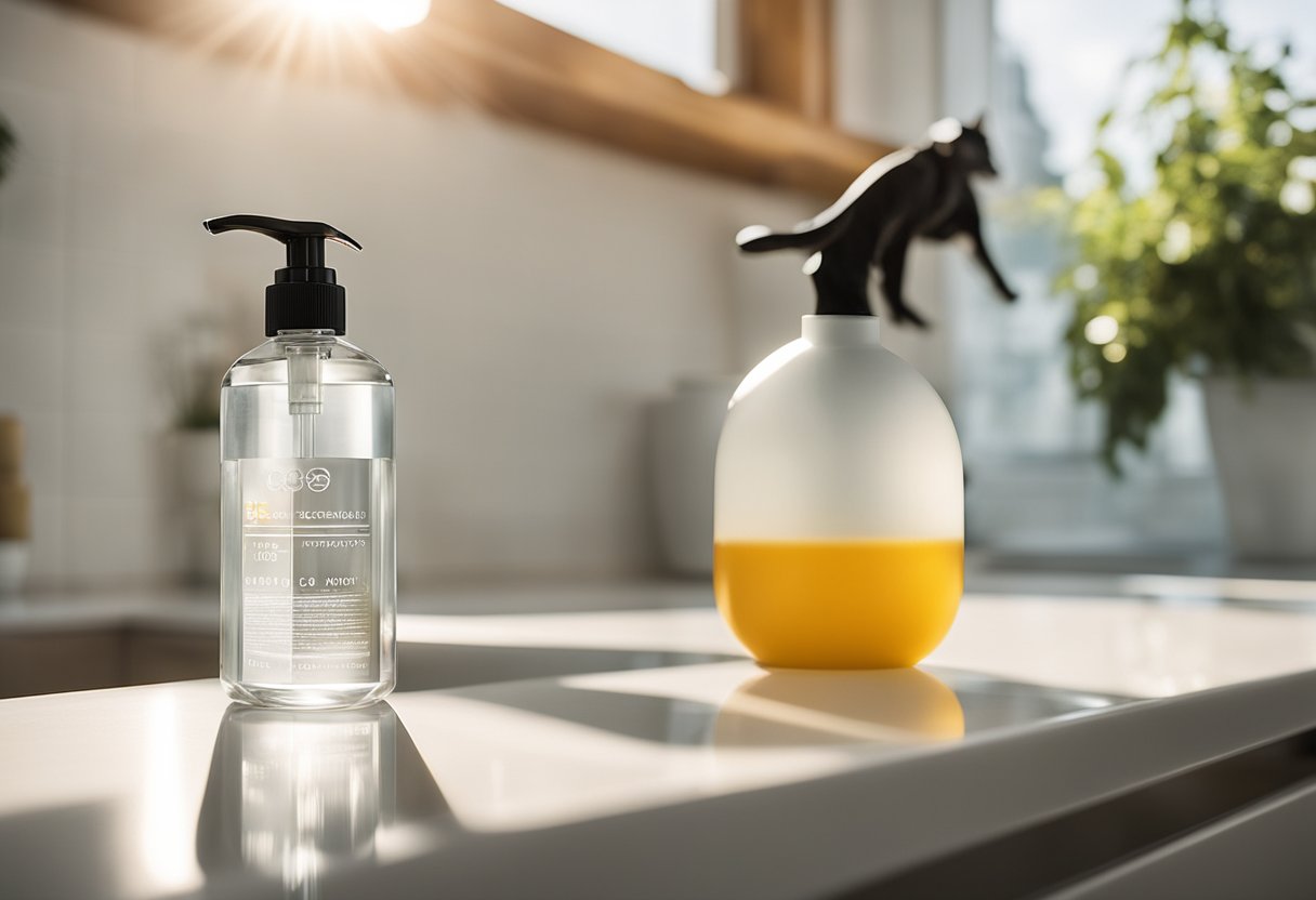 A sleek, modern spray bottle stands on a clean, white countertop. A happy dog and cat play in the background, while the sun streams in through a window, casting a warm glow over the scene