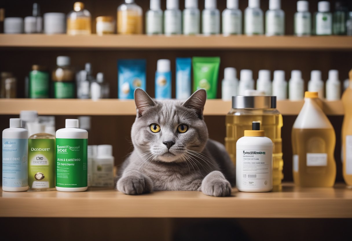 A cat sniffs various odor eliminator products on a shelf, while a dog looks on eagerly, waiting for the chosen one