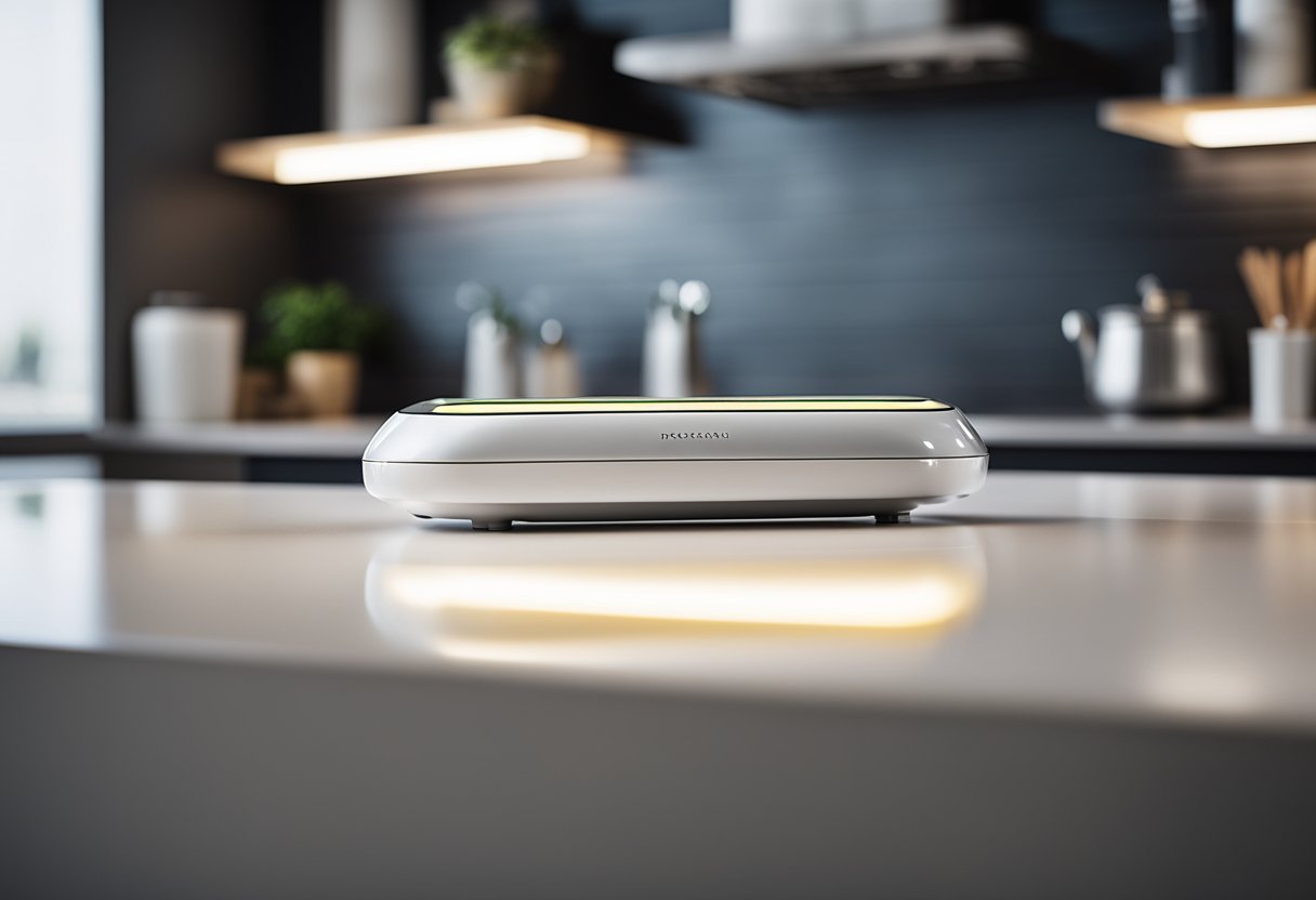 A futuristic, sleek pet odor eliminator sits on a clean, modern countertop. The device emits a soft, glowing light, with a sleek design and advanced technology