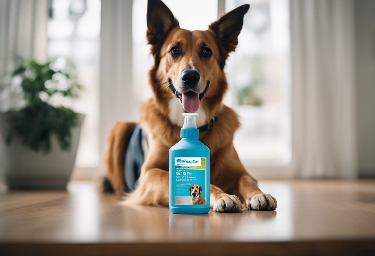 A happy dog sits in a clean, fresh-smelling room with a bottle of "Best Pet Odor Eliminator 2024" prominently displayed