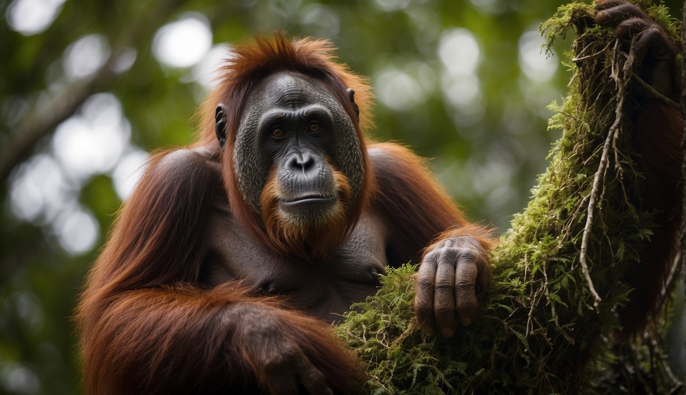 Orangutans cling to tree branches in a rapidly disappearing rainforest, their worried expressions reflecting the threat to their habitat