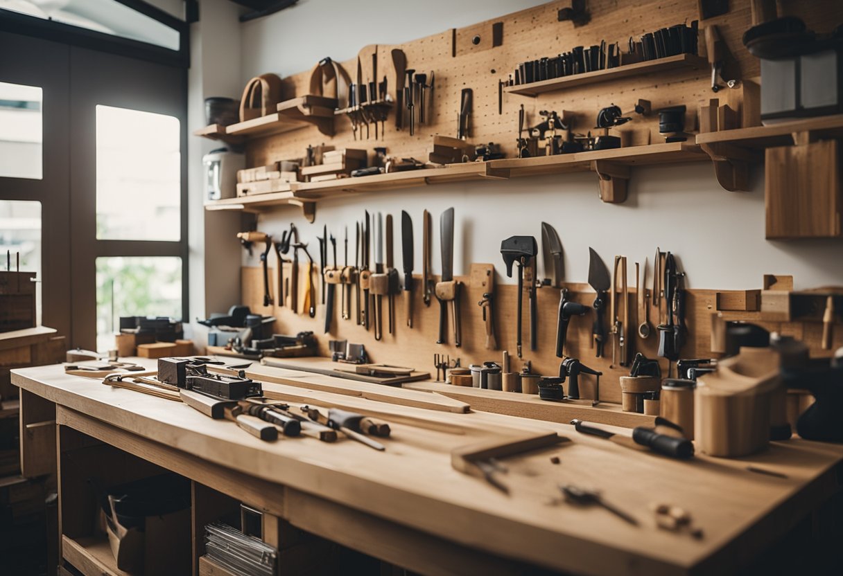 A carpentry workshop in Singapore, with tools neatly organized on the wall and a workbench filled with wood and projects in progress