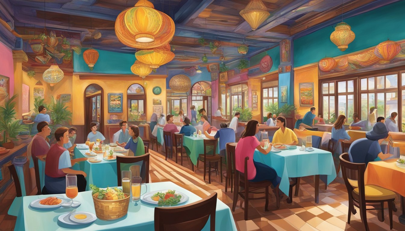 A bustling restaurant with vibrant decor and delicious aromas fills the air. Tables are adorned with colorful tablecloths, and the walls are adorned with intricate artwork