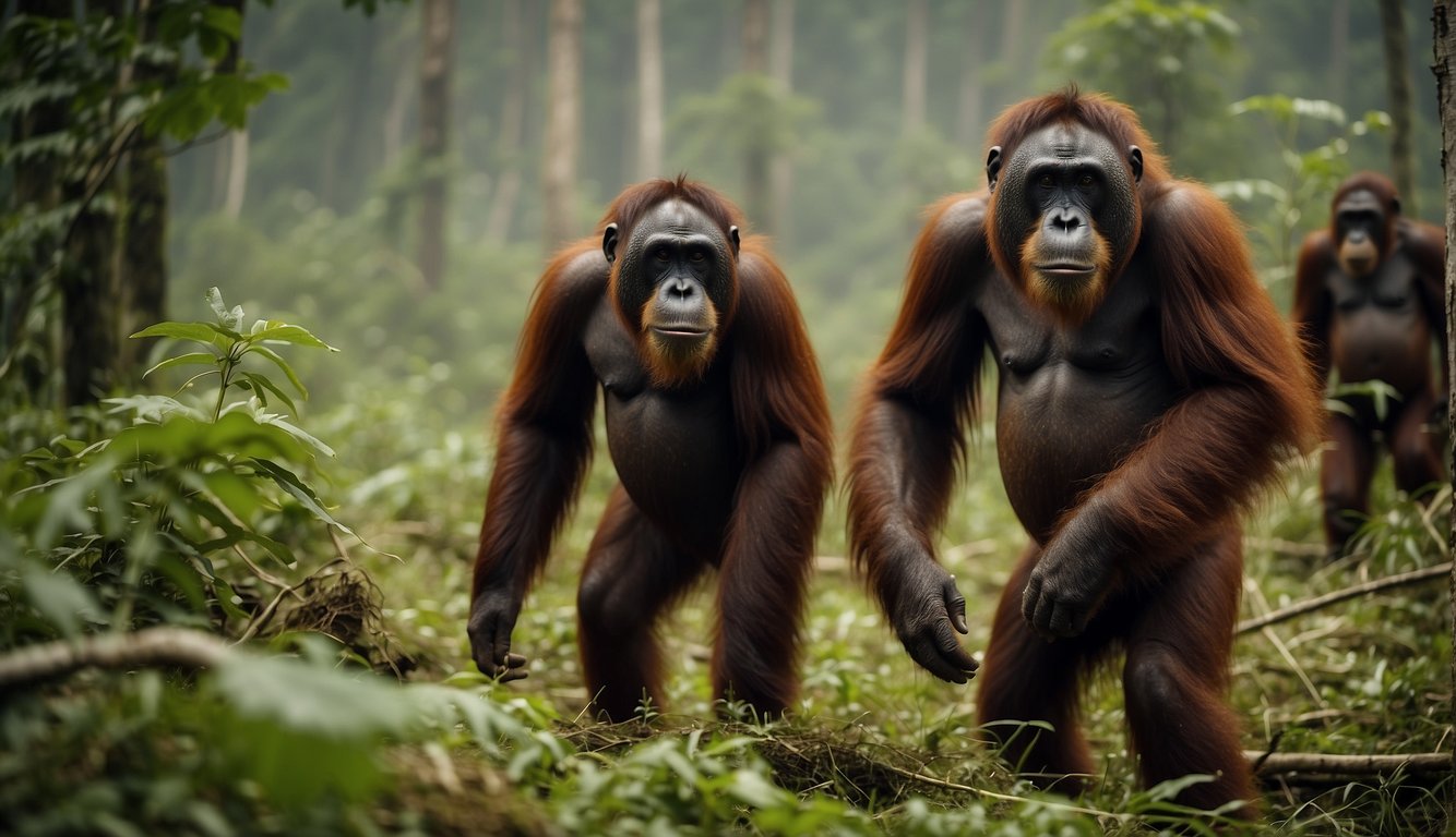 Orangutans struggle in a shrinking forest, surrounded by logging machinery and encroaching farmland.

Their once lush home is disappearing, leaving them vulnerable