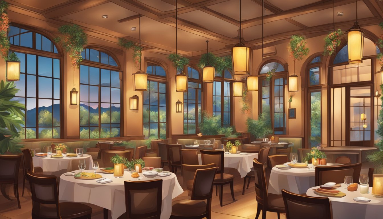 A bustling restaurant with elegant decor and a warm, inviting ambiance. The aroma of spices and sizzling dishes fills the air as diners enjoy a variety of delectable dishes
