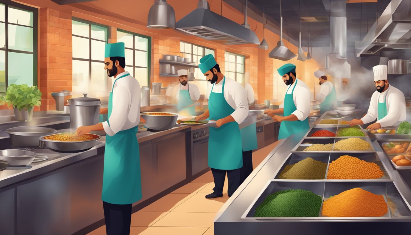 A bustling restaurant kitchen with chefs preparing traditional Pakistani dishes. A warm, inviting atmosphere with colorful decor and aromatic spices filling the air