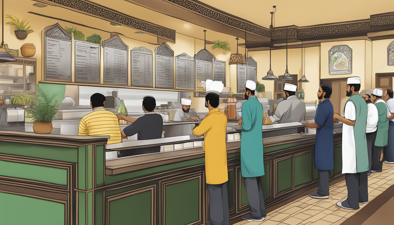 Customers lining up at the counter of Fatimah Mohsin restaurant, with a menu board and staff taking orders