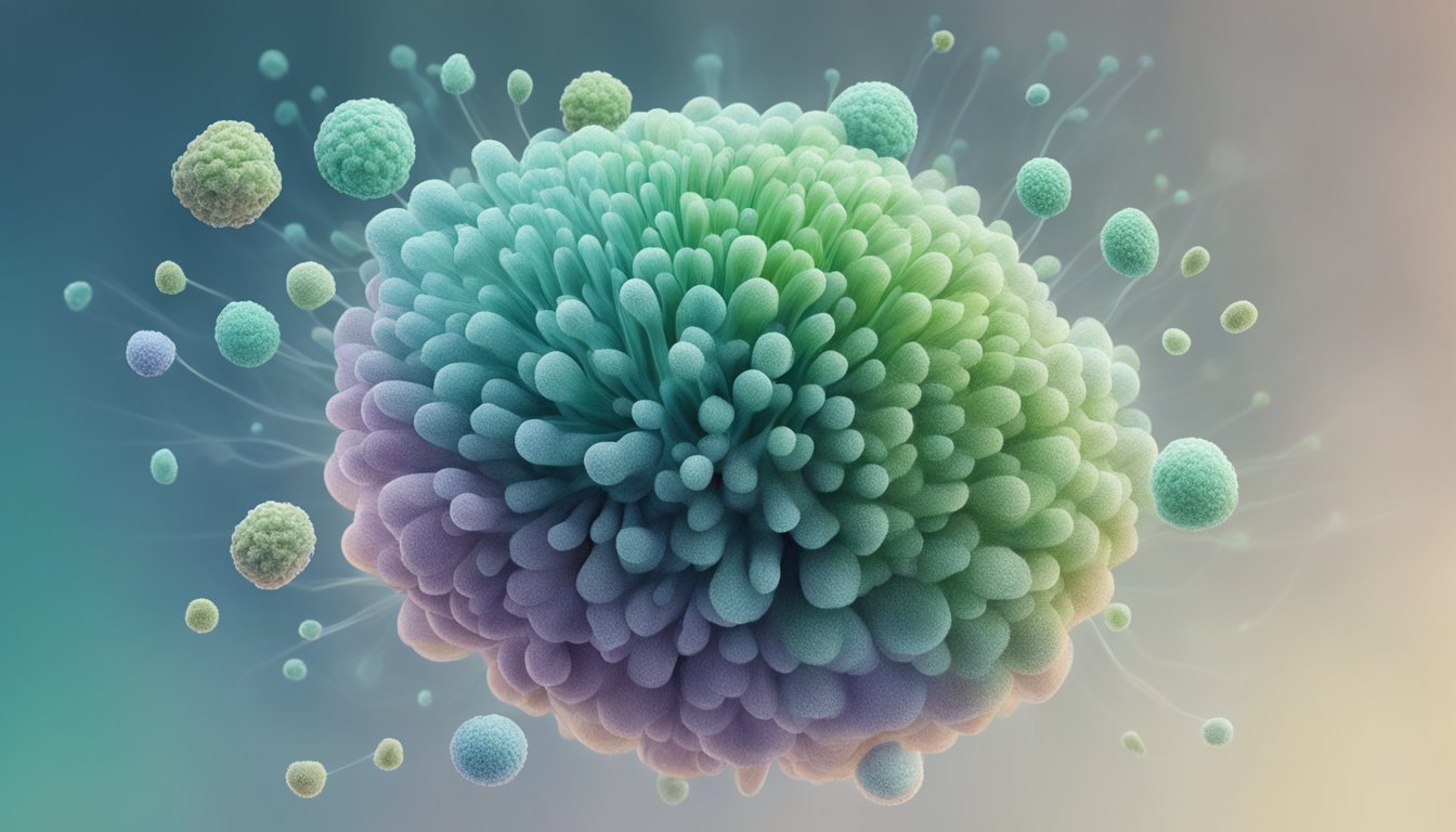 A mold spore floats in the air, entering a person's respiratory system