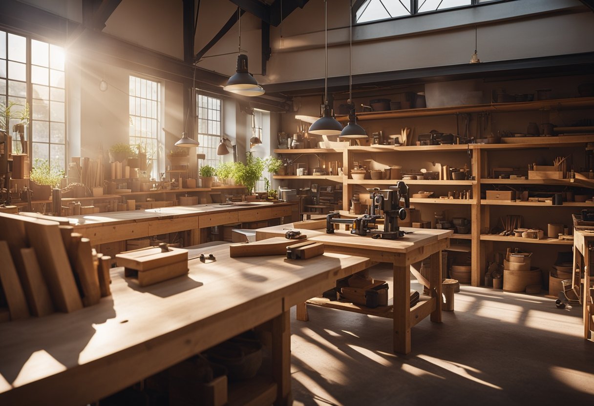 A carpentry workshop with various tools and wood materials neatly organized on shelves and workbenches. Sunlight streams in through the windows, casting a warm glow on the space