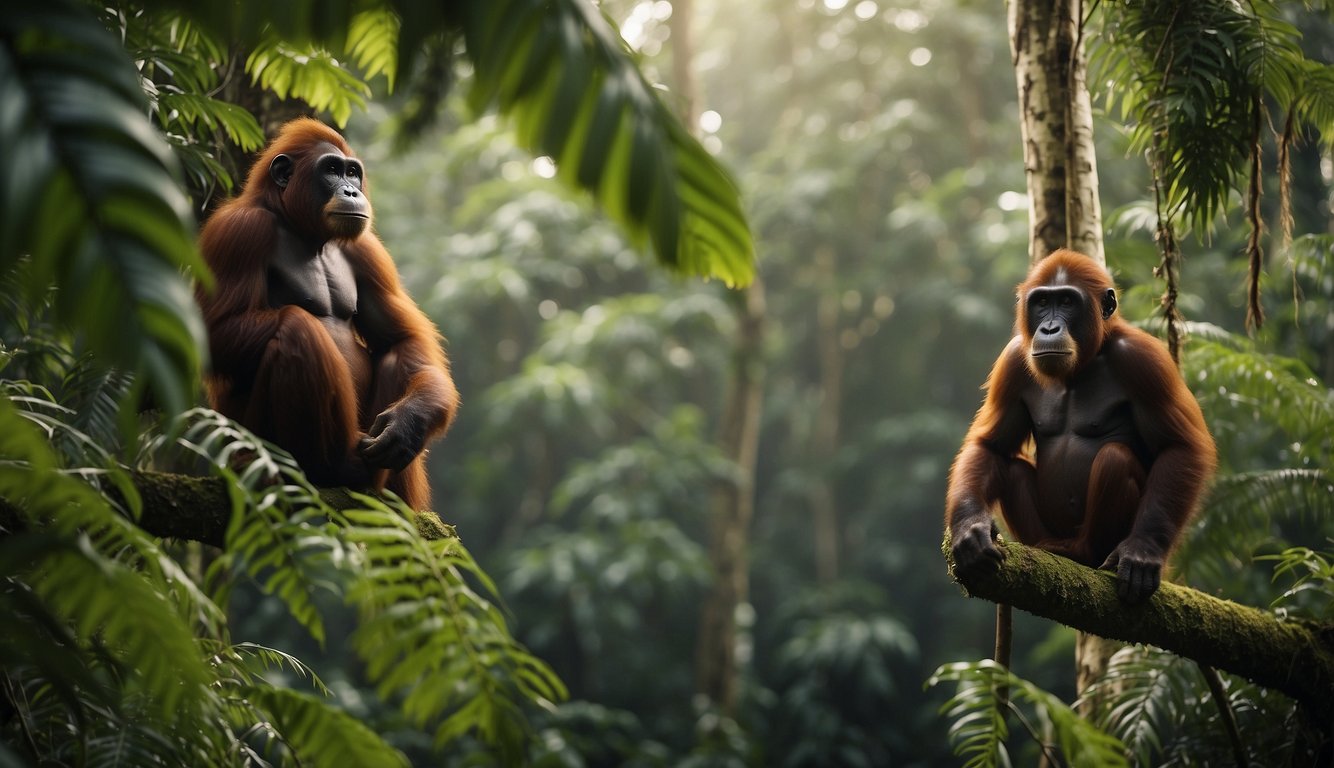 A lush rainforest with towering trees and a family of gentle red apes swinging through the branches, their home threatened by encroaching bulldozers and deforestation