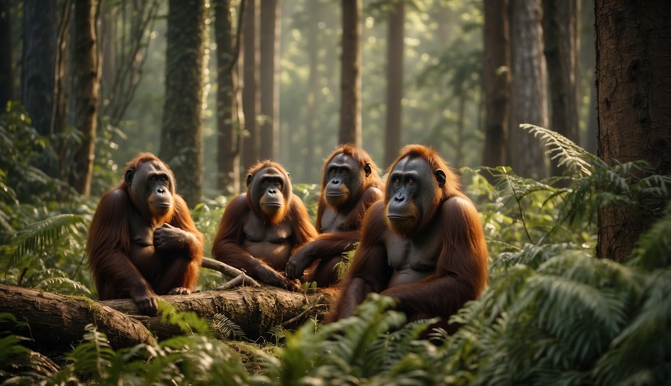 An orangutan family sits amidst a forest of tall trees, their worried expressions reflecting the threat of deforestation.

A bulldozer looms in the background, clearing their home