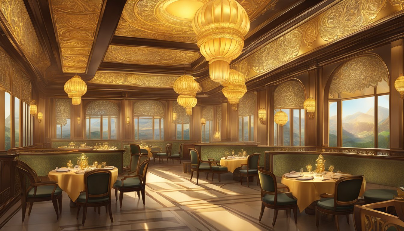 The Golden Jade Restaurant glows with warm, golden light, its ornate decorations and intricate carvings creating a luxurious and inviting atmosphere