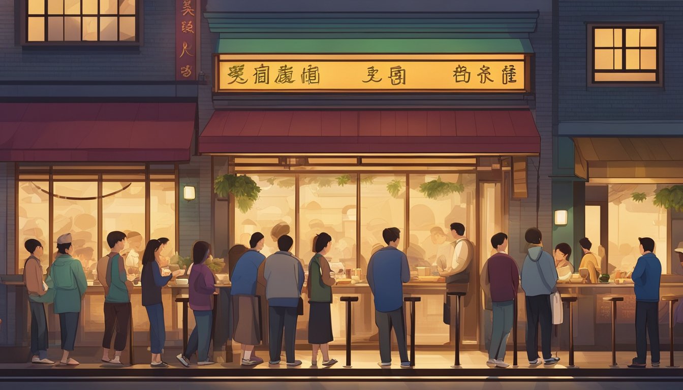 Customers line up outside Golden Jade Restaurant, eager to try the popular dishes. The sign glows in the evening light, drawing in hungry patrons