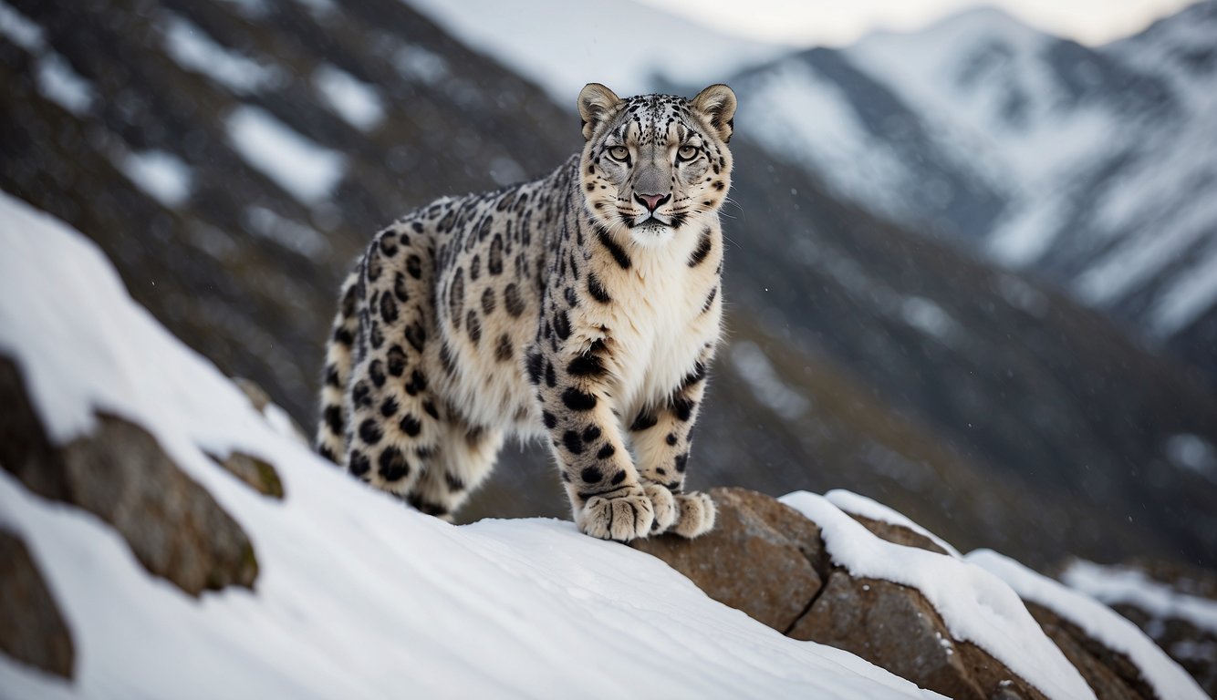 A snow leopard prowls through a snowy, rocky mountain landscape, its sleek fur blending in with the surroundings.

The majestic creature's intense gaze reflects its elusive nature, embodying the mystery of the high mountain habitat