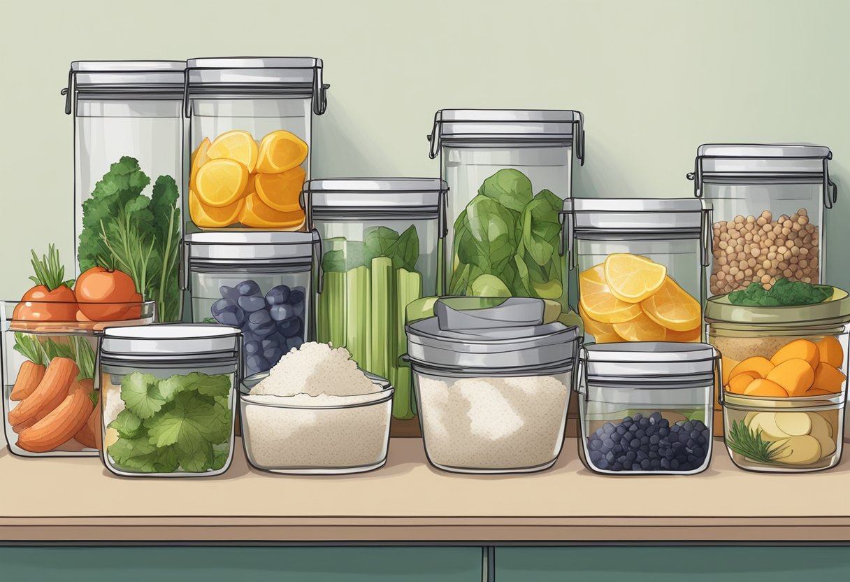 A clutter-free kitchen counter with neatly organized containers of prepped ingredients, labeled and ready for easy assembly