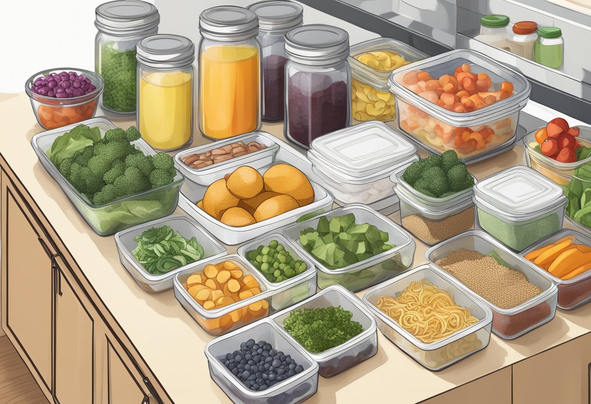 A clutter-free kitchen counter with organized containers filled with prepped ingredients and labeled meal plans