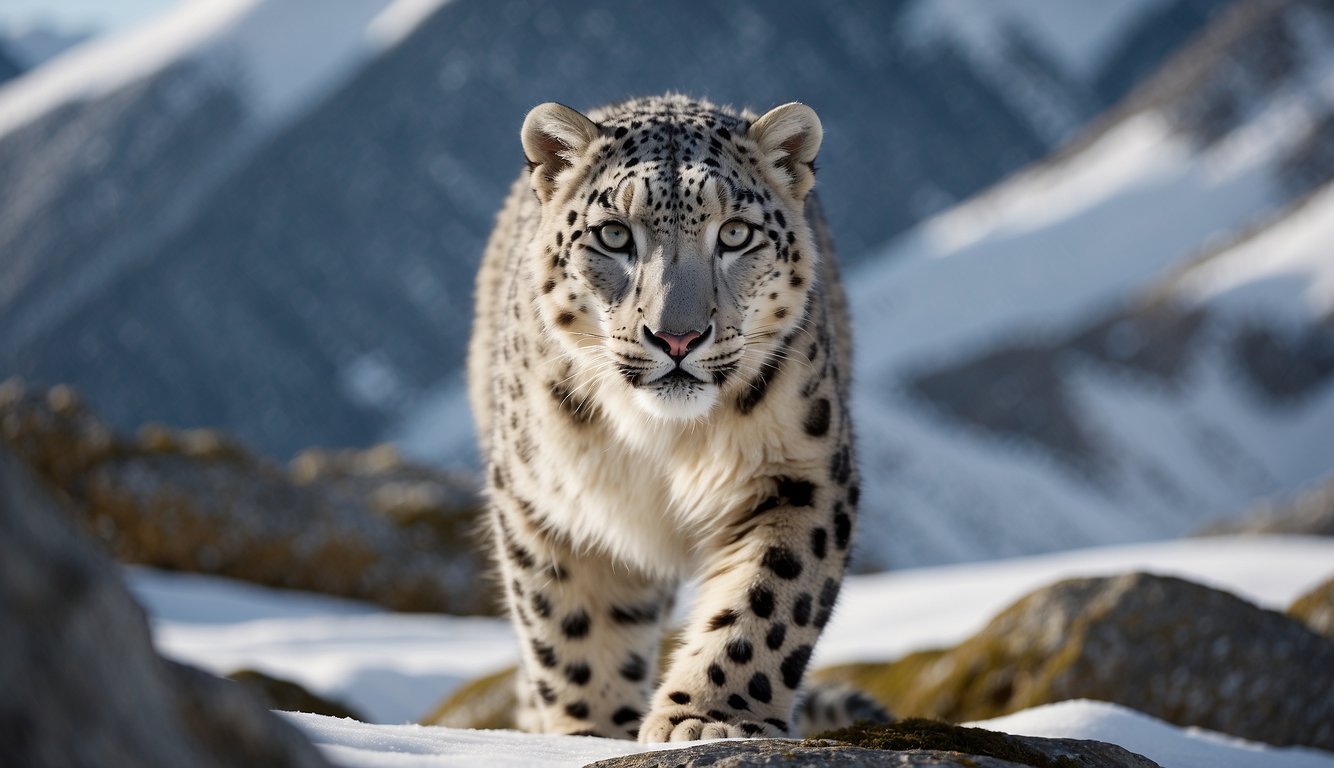 Snow leopards roam the rugged mountain terrain, their sleek fur blending seamlessly with the snowy landscape.

They cautiously stalk their prey, their piercing eyes scanning the vast expanse for any signs of movement