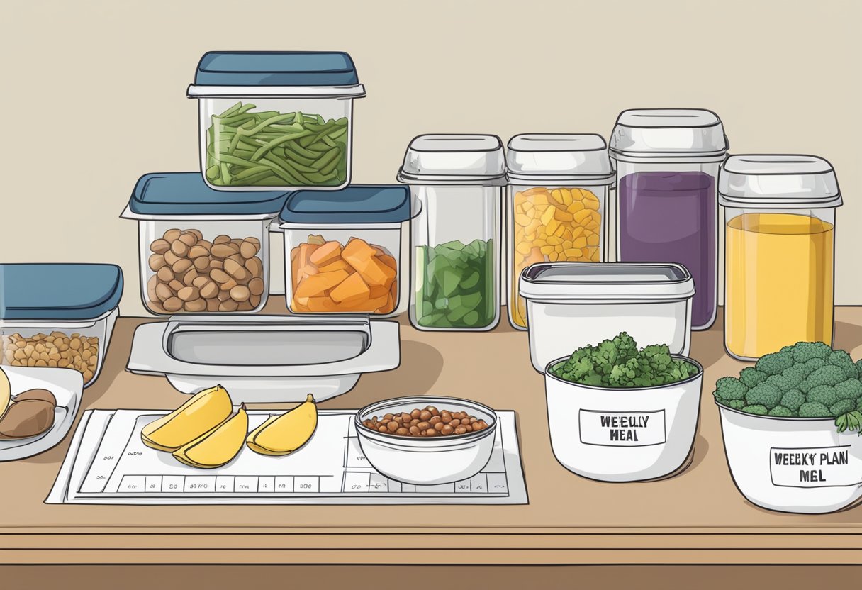 A neatly organized kitchen counter with labeled containers of prepped food, a weekly meal plan calendar, and a timer set for cooking