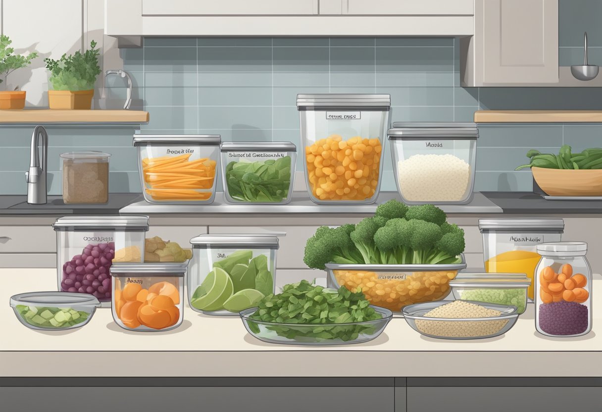 Various ingredients neatly organized on a kitchen counter, with containers of prepped food and labeled meal portions ready for storage