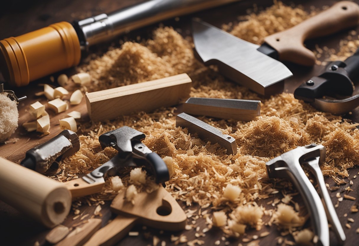 A carpenter's tools and materials spread out on a workbench, with sawdust and wood shavings scattered around the area