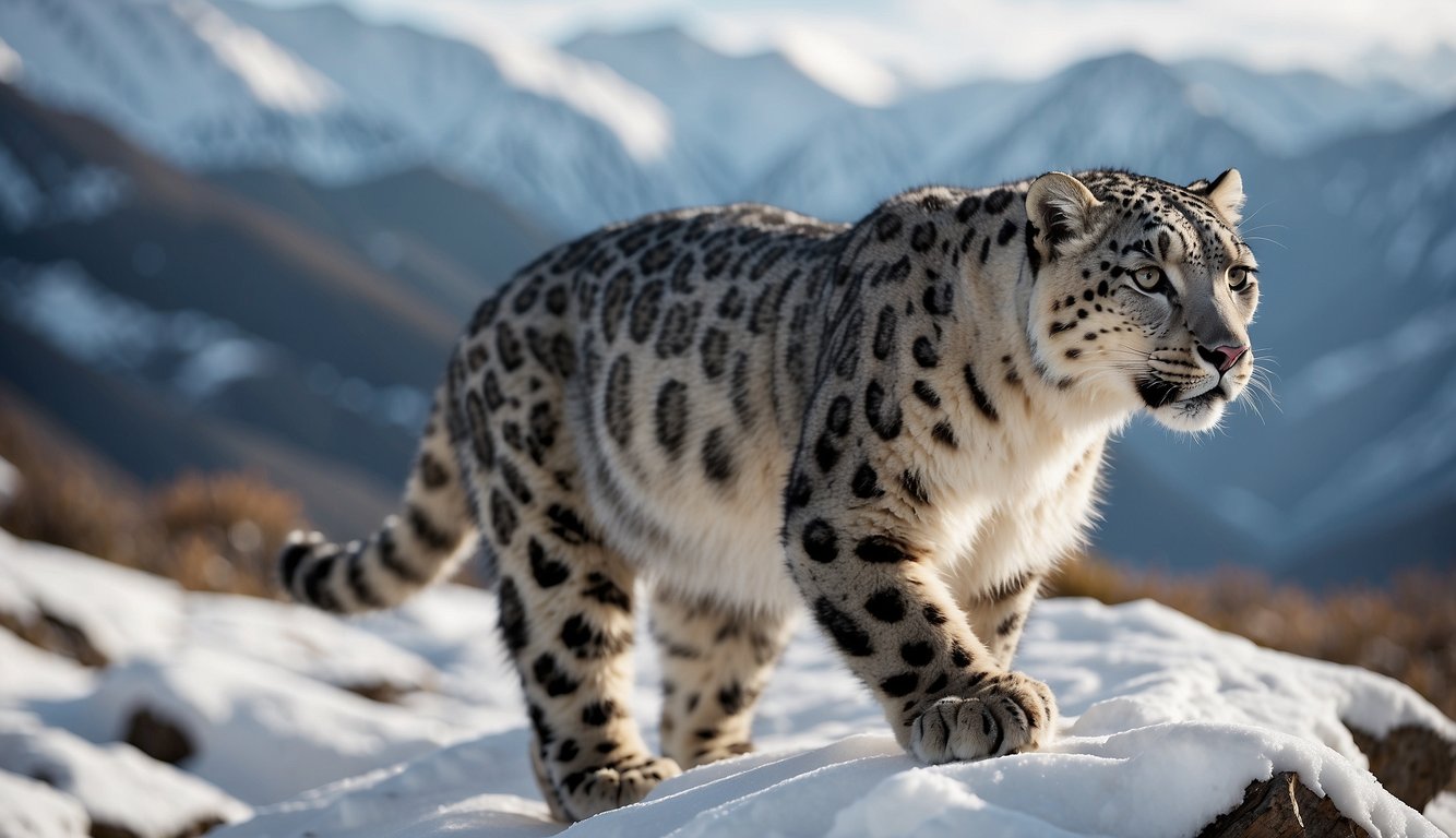 A snow leopard prowls through a rugged, snow-covered mountain landscape, with jagged peaks and deep valleys in the background