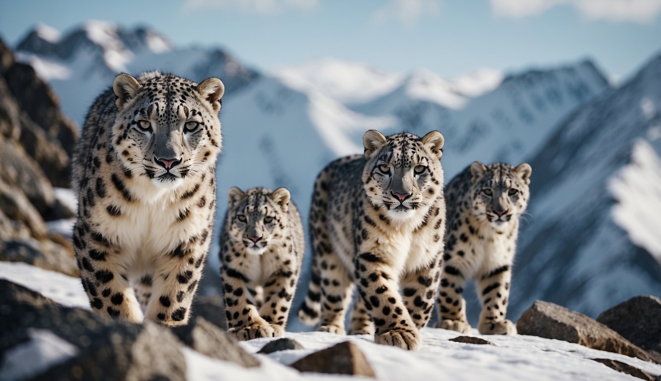 Snow leopards roam the rugged, snow-covered peaks.

A mother and her cubs cautiously navigate the treacherous terrain, blending seamlessly into the rocky landscape