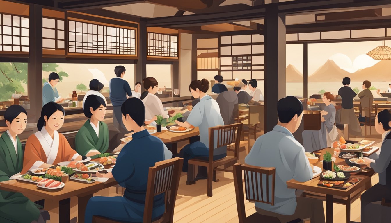 A bustling restaurant with traditional Japanese decor, diners enjoying sushi and sashimi, and friendly staff serving delicious dishes