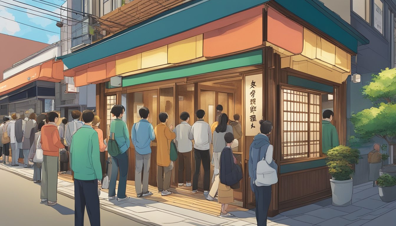 Customers line up outside the Hakata Japanese restaurant, eagerly waiting to enter. The colorful exterior and inviting signage draw in passersby