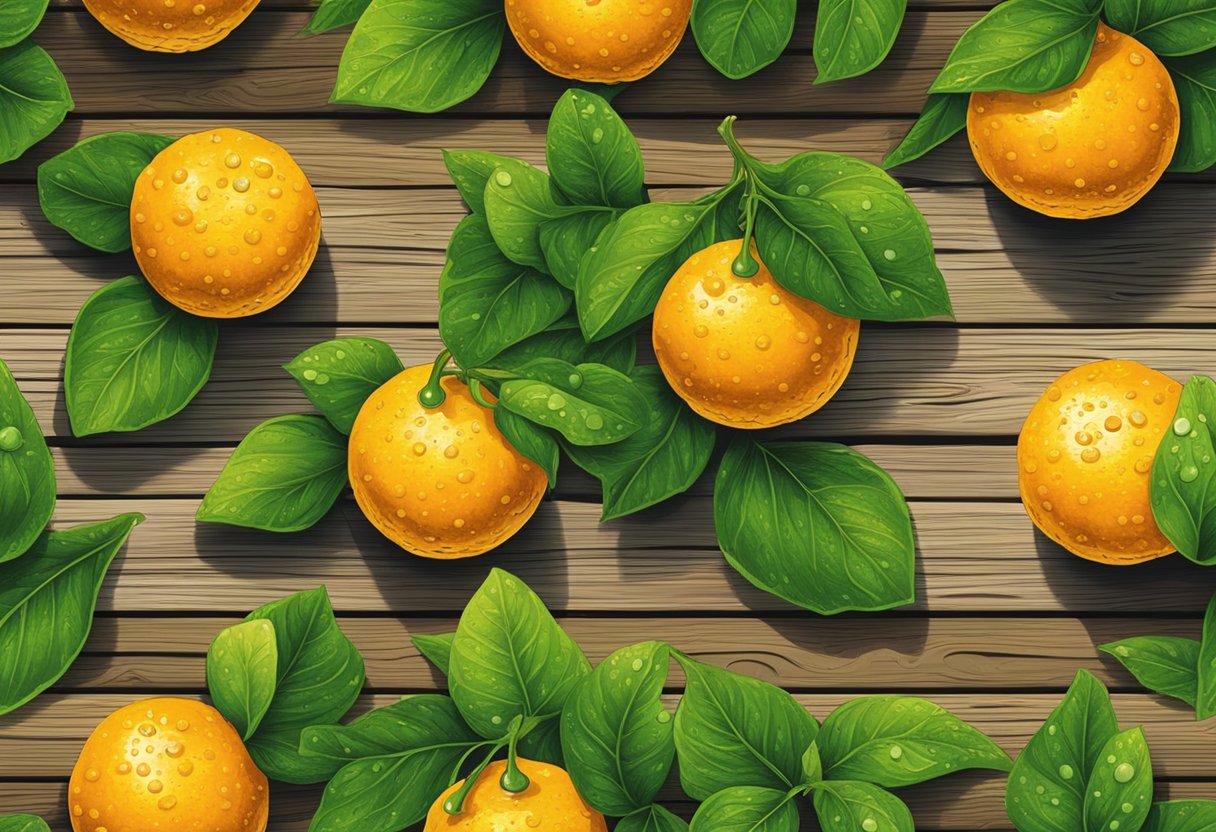 A bright yellow clementine sits on a rustic wooden table, surrounded by vibrant green leaves and a few droplets of water