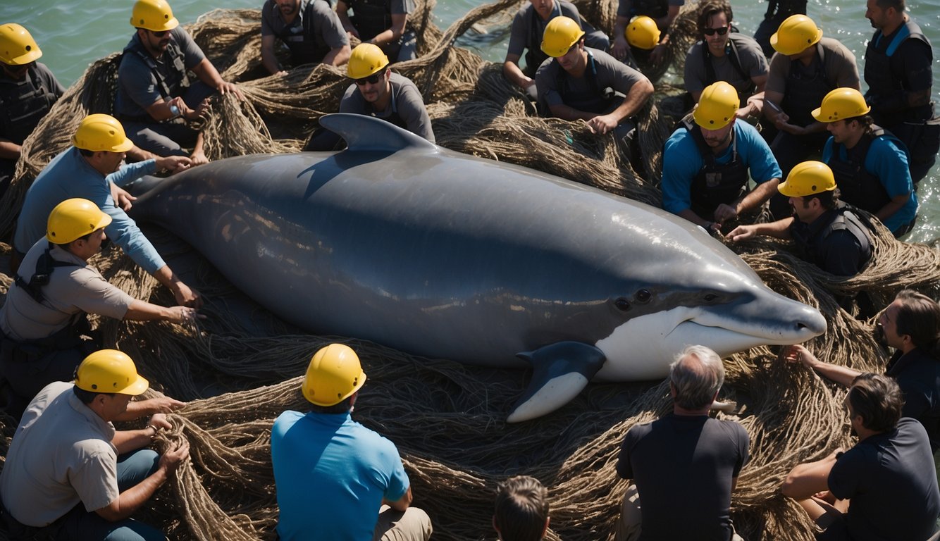 A vaquita porpoise tangled in a fishing net, surrounded by concerned marine biologists and activists working to free it from the entanglement