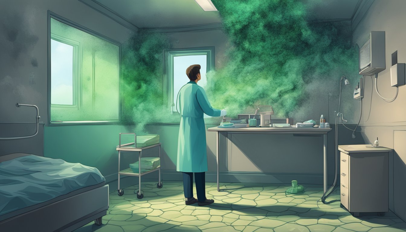 A moldy room with visible spores and damp walls, a person struggling to breathe, and a doctor examining them with concern