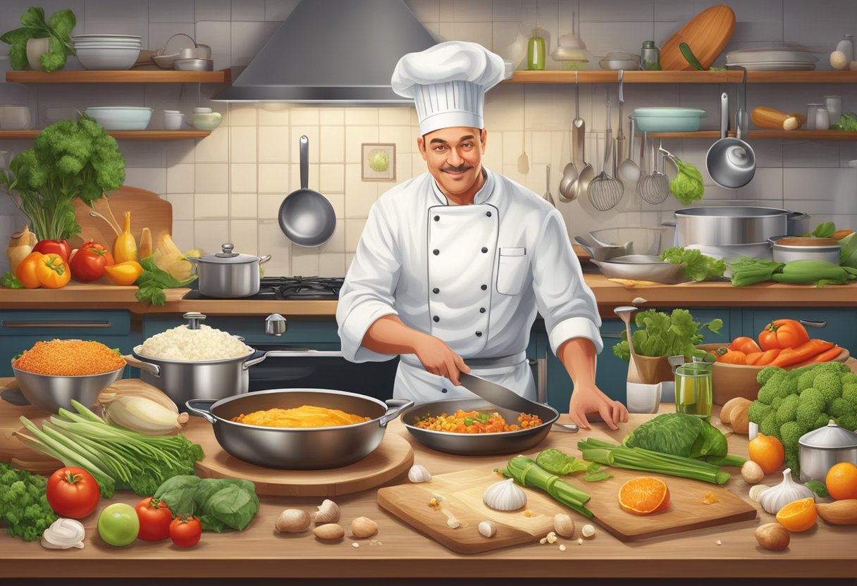 A chef confidently conquers a complex recipe, surrounded by an array of fresh ingredients and various cooking tools