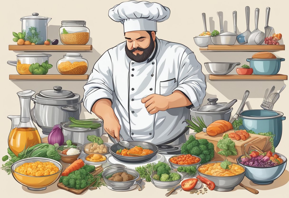 A chef confidently prepares a complex dish, surrounded by a variety of ingredients, utensils, and cooking equipment