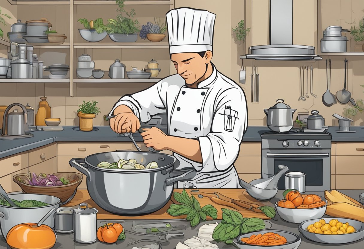 A chef confidently prepares a dish under time pressure, surrounded by a variety of ingredients and kitchen tools. The focus is on skillfully multitasking and problem-solving