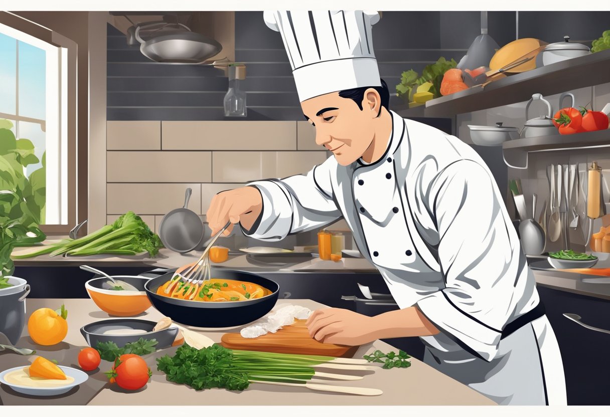 A chef confidently prepares a dish, surrounded by various ingredients and cooking tools, showcasing their culinary skills in a challenging cooking environment