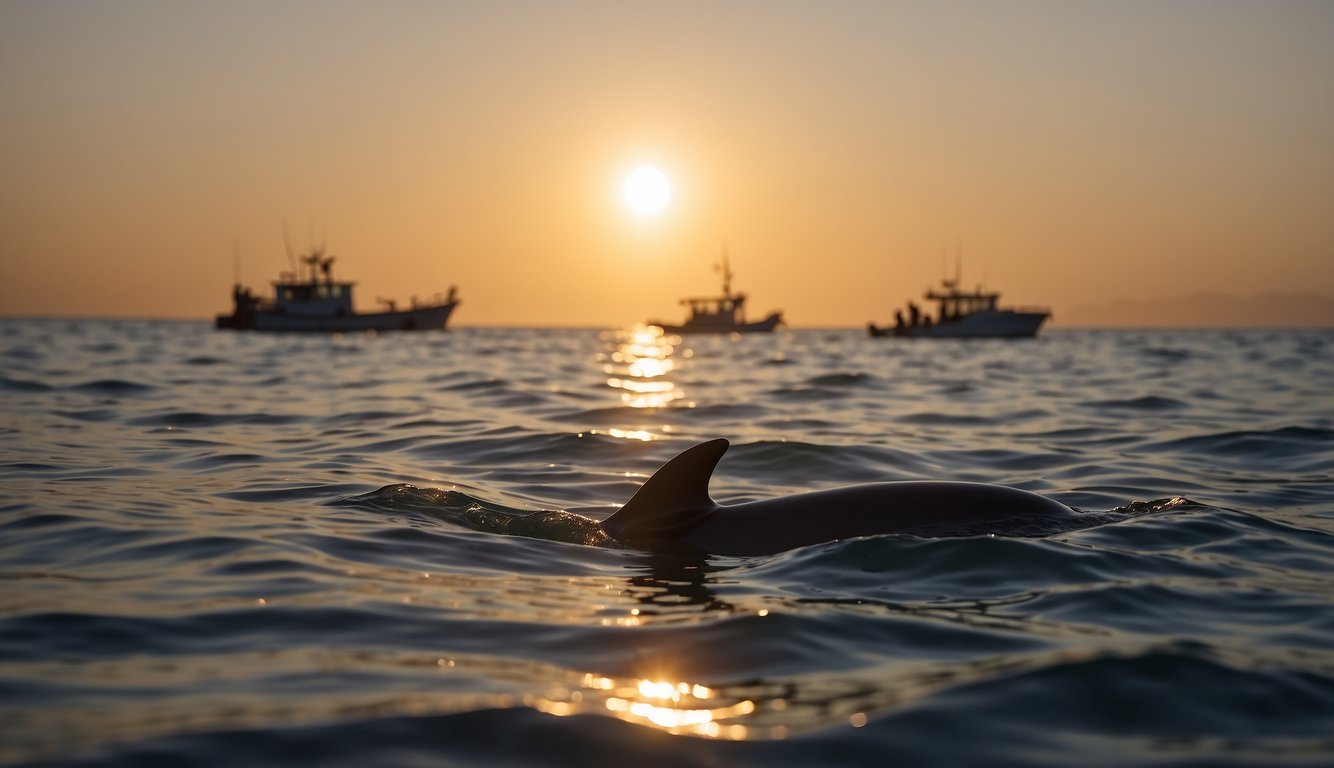 The sun sets over a calm sea, as a small, elusive vaquita porpoise surfaces, framed by the silhouettes of distant fishing boats