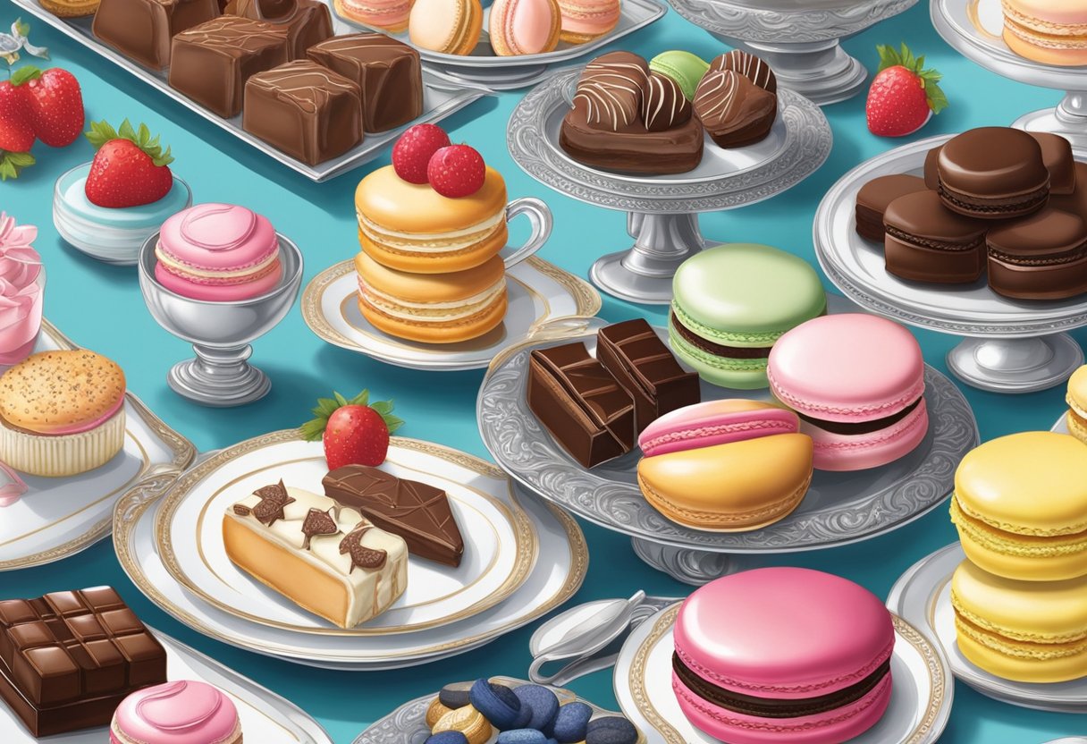 A beautifully arranged table displays an assortment of decadent treats, including rich chocolates, delicate pastries, and colorful macarons, all elegantly presented on fine china and silver platters