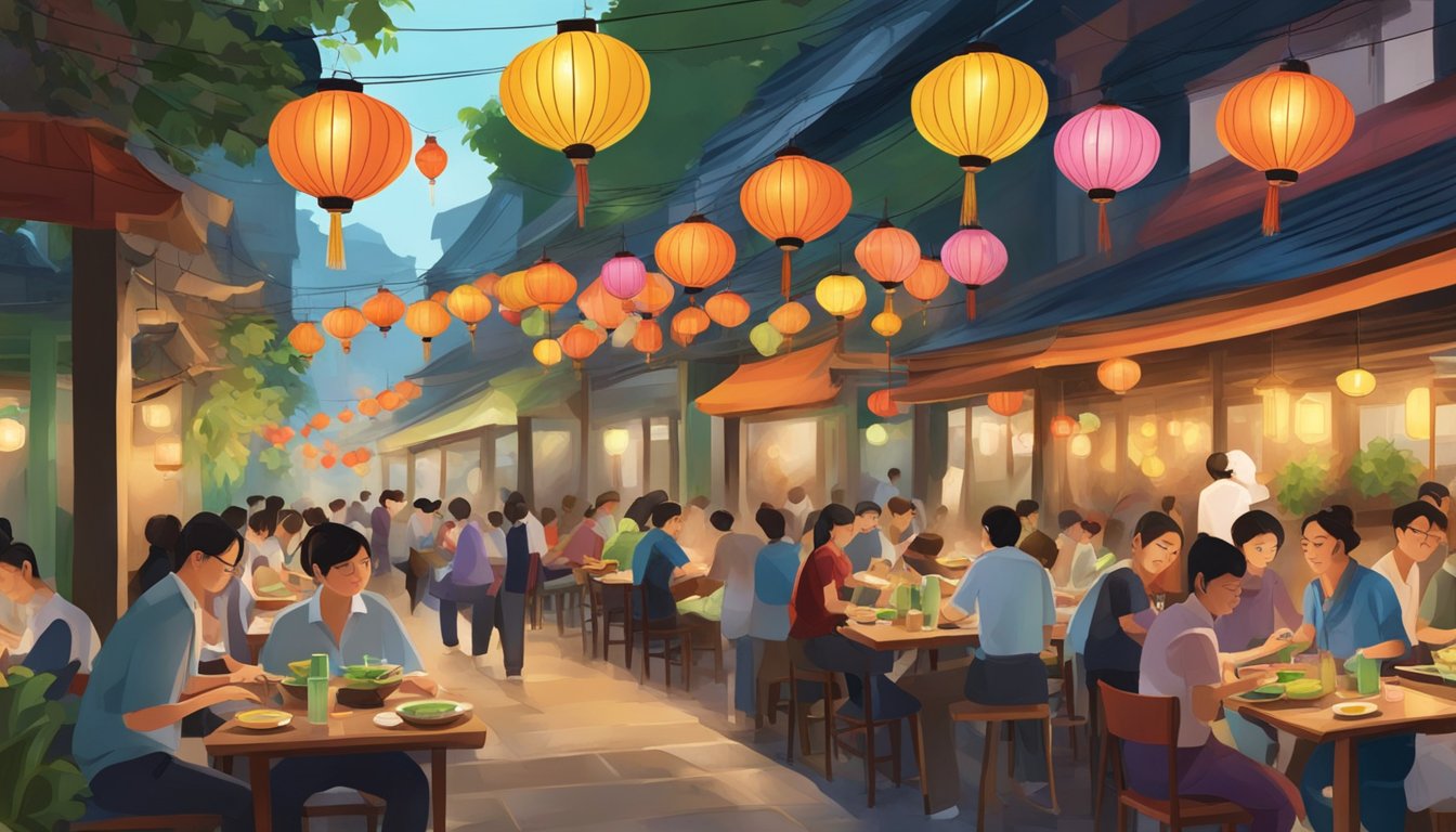 Busy hanoi restaurant with colorful lanterns, steaming bowls of pho, and bustling waitstaff