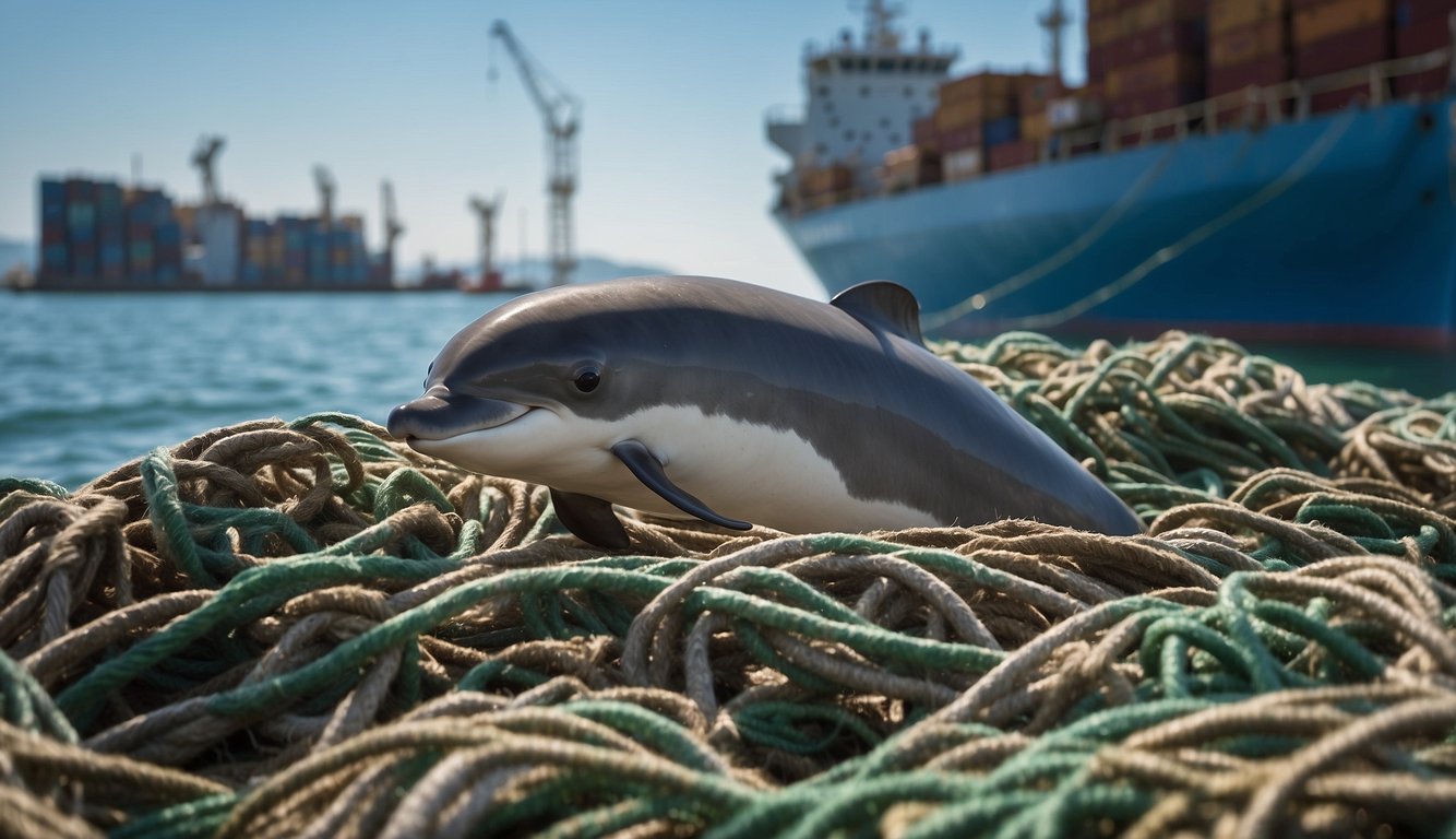 A lone vaquita porpoise swims desperately against a backdrop of fishing nets and industrial ships, symbolizing the urgent call to save the endangered species