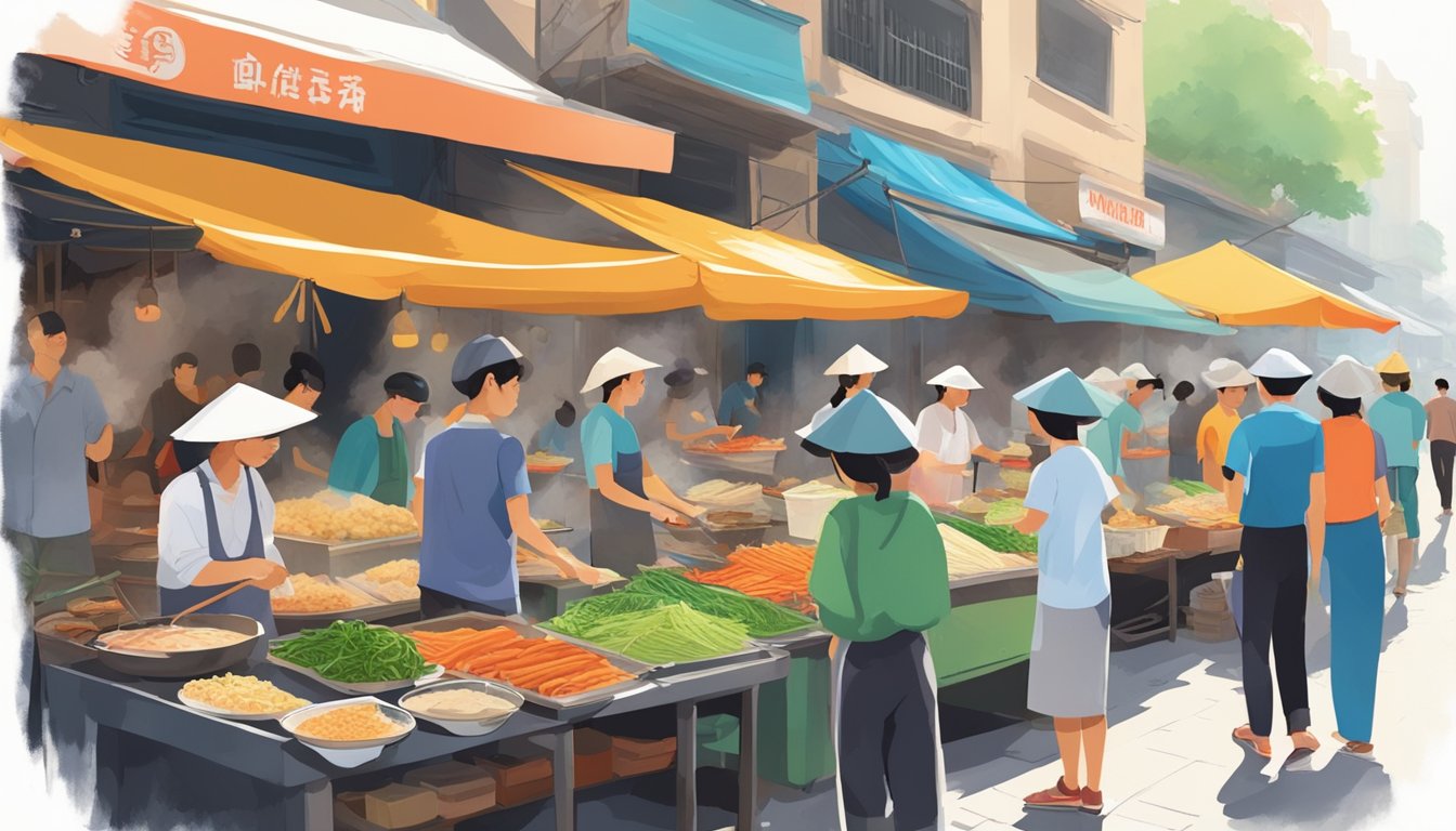A bustling street market in Hanoi, filled with colorful food stalls and aromatic smoke rising from sizzling pans. Customers eagerly sample steaming bowls of pho and crispy banh mi sandwiches