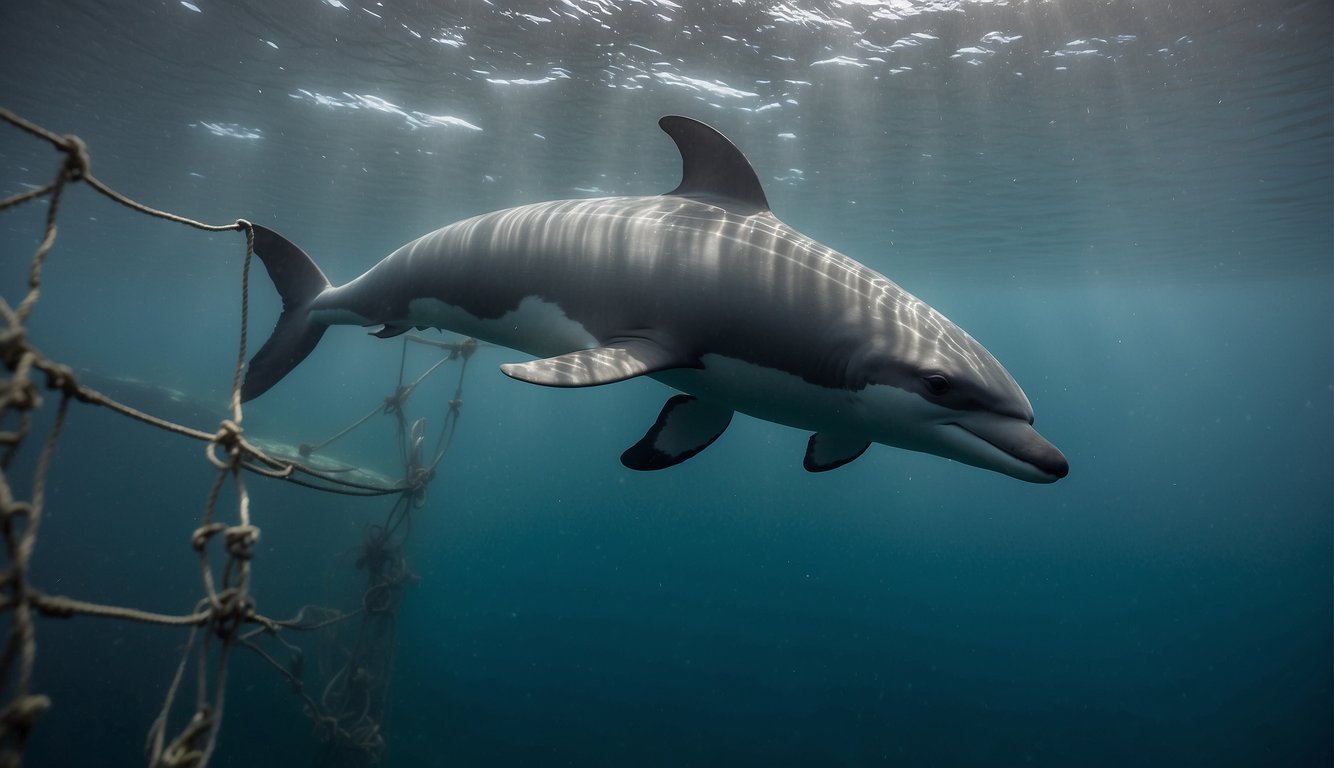 A lone vaquita porpoise swims cautiously through the murky waters, surrounded by ghostly nets and fishing gear, a poignant symbol of its endangered status